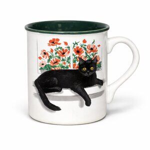 Vintage Black Cat Coffee Cup - Red Poppies Floral Kitten Mug - Cottagecore Gift